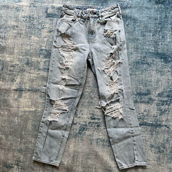 Pacsun Distressed Pale Wash Straight Leg High Rise Mom Jeans Size 25 - Picture 2 of 7